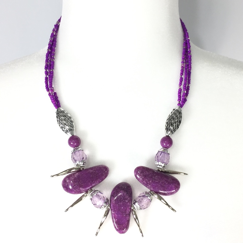 Purple & Silver Tone Statement Necklace & Earrings